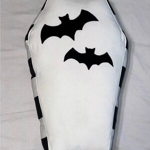 Black and White Coffin Pillow with Velvet Bat Appliqués